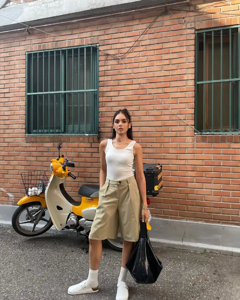  White Fitted Tank + Khaki Tailored Bermuda Shorts + White Sandals