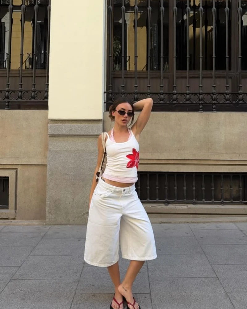 White Flower Graphic Tank + White Denim Bermuda Shorts + Pink Bralette Layer