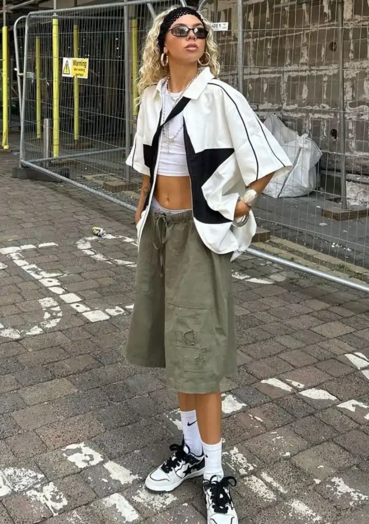 White Graphic Oversized Shirt + White Crop Top + Olive Bermuda Shorts