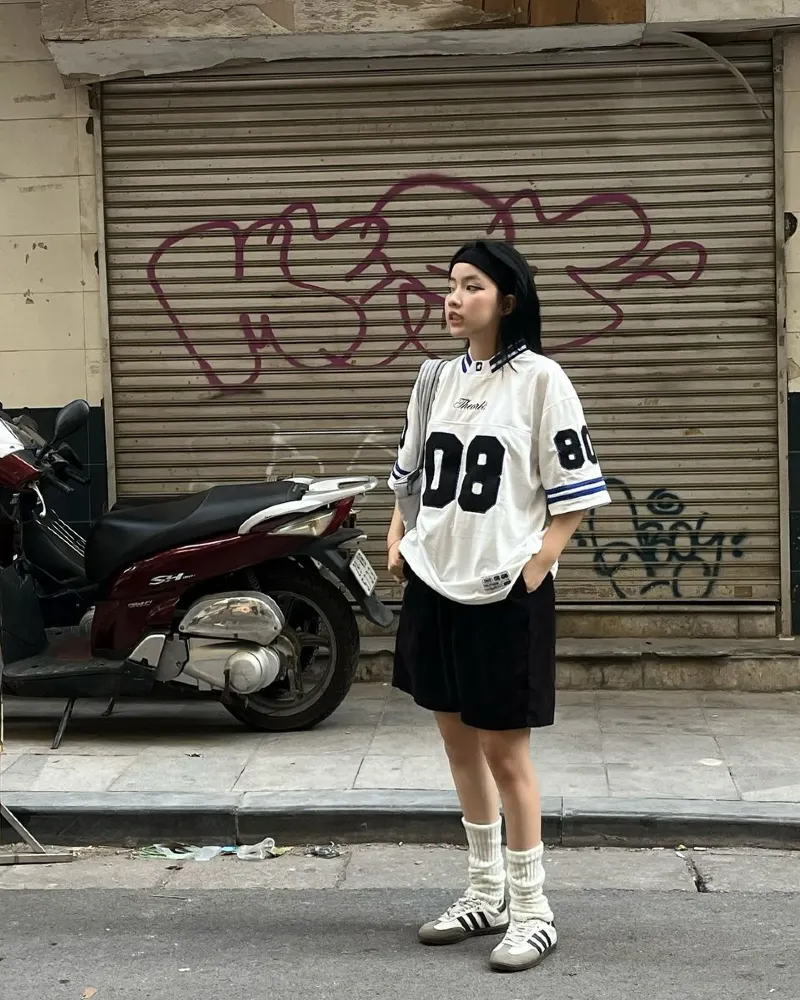 White Jersey with Black Shorts and Sambas