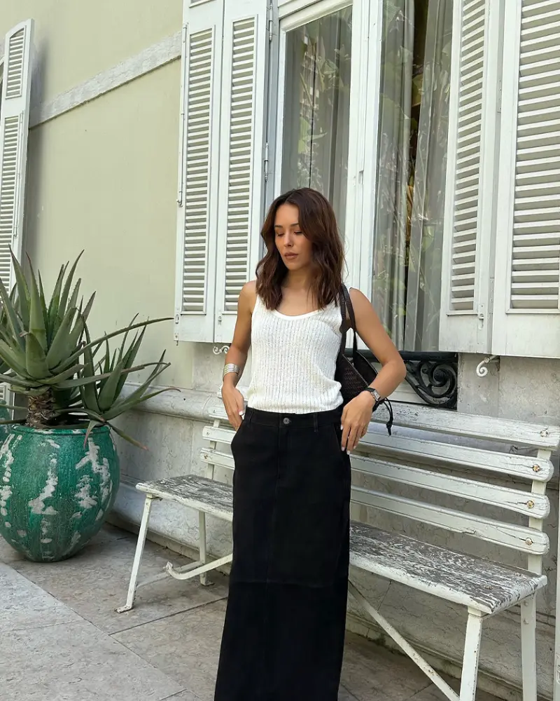 White Knit Tank + Black Denim Maxi Skirt + Mesh Mules