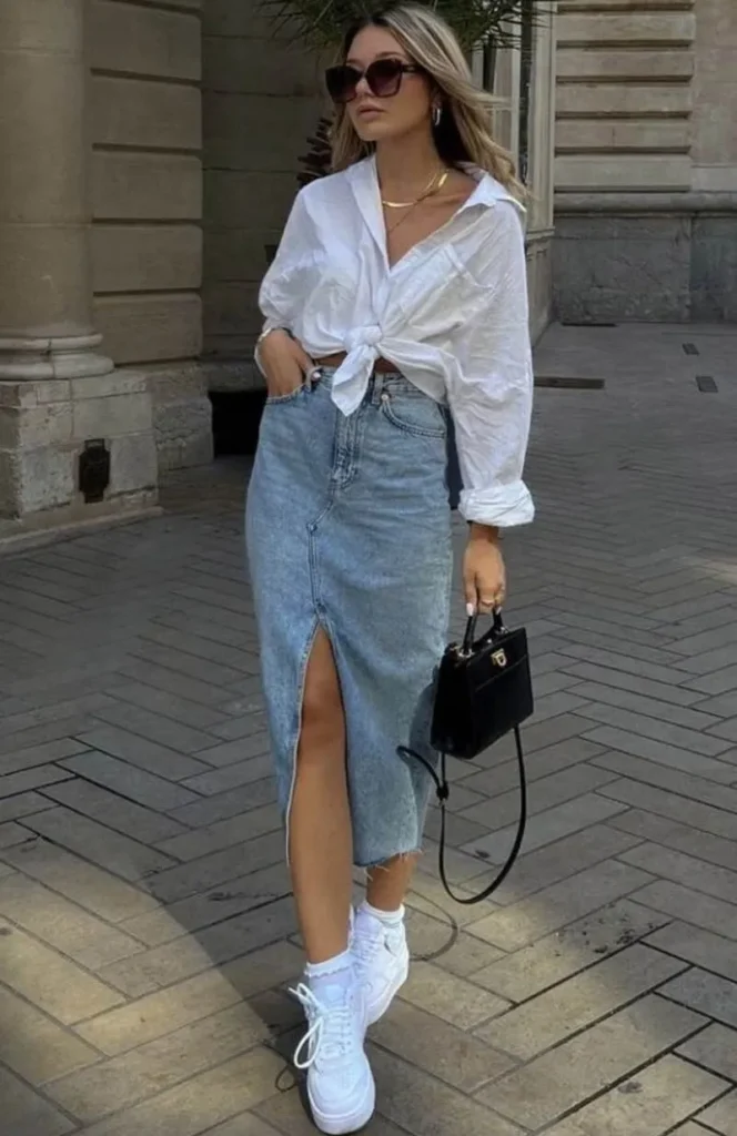 White Knotted Shirt + Denim Midi Skirt with Slit