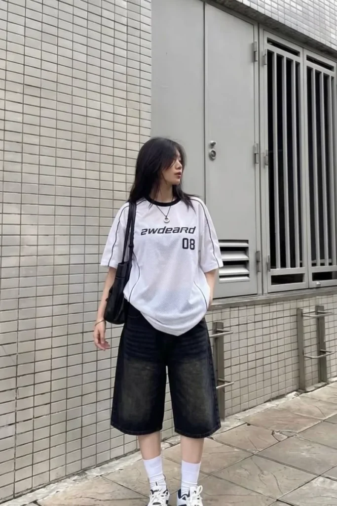 White Mesh Jersey + Black Denim Shorts