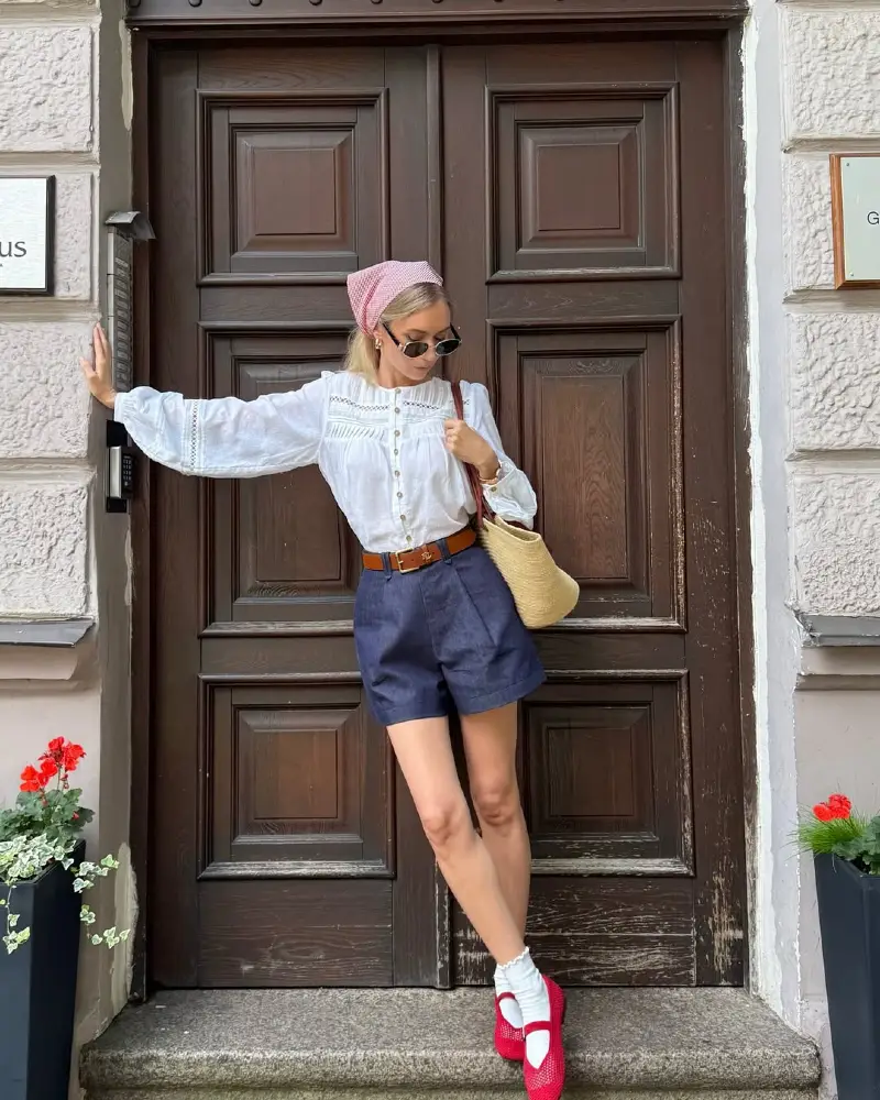 White Peasant Blouse + Navy Tailored Shorts