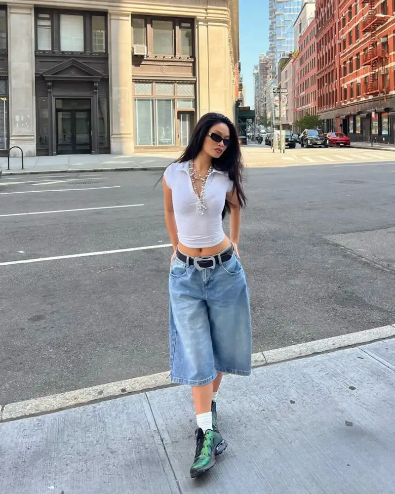 White Polo Crop Top + Light Denim Bermuda Shorts