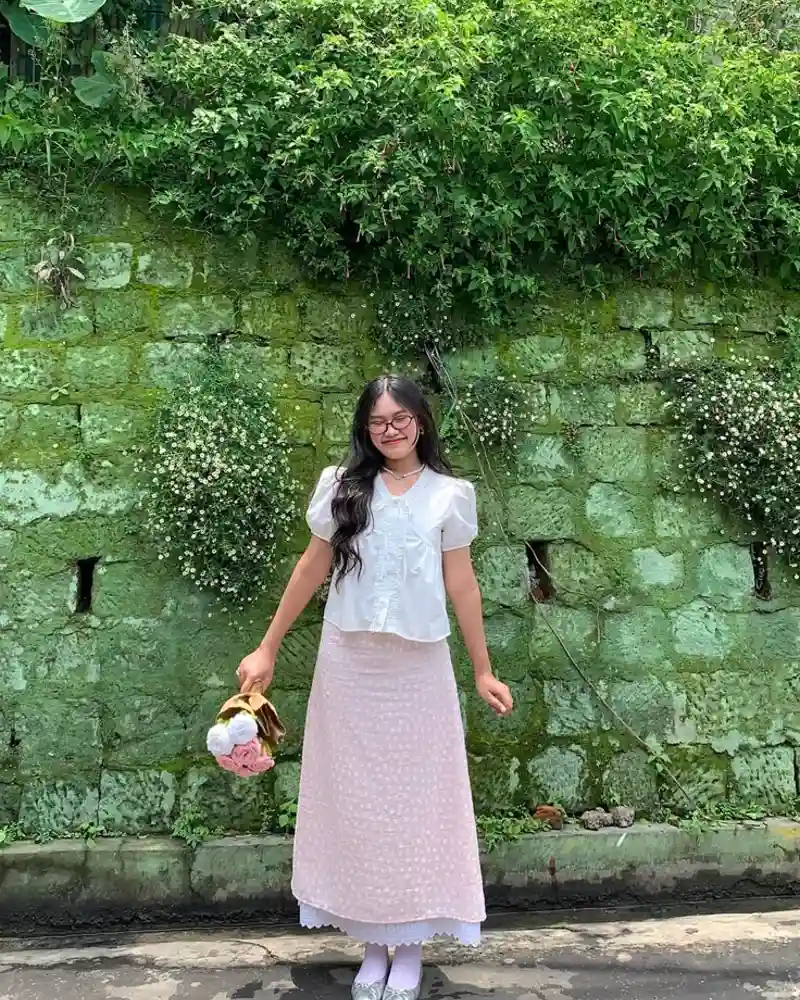White Puff-Sleeve Blouse + Pink Floral Midi Skirt + Silver Bow Flats