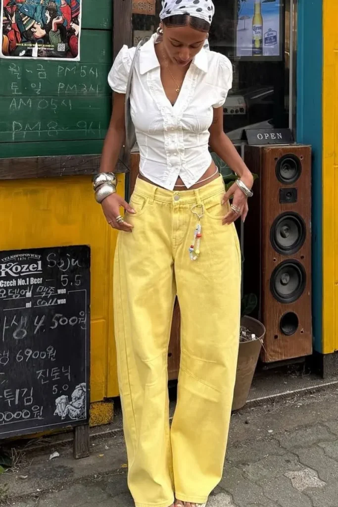 White Ruffle Crop Shirt + Yellow Wide-Leg Jeans
