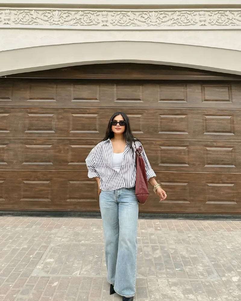 White Striped Shirt + White Tank + Light Wash Jeans 