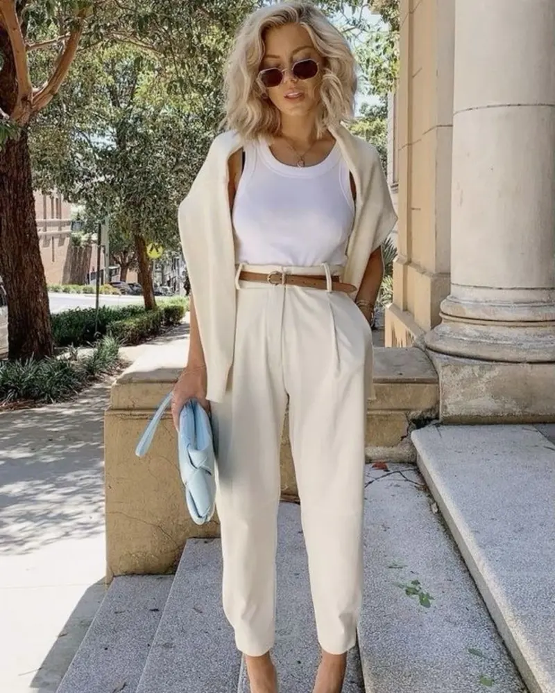 White Tank + Cream Tailored Trousers + Blazer
