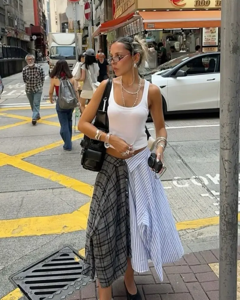 White Tank + Layered Mixed-Pattern Skirt + Ballet Flats