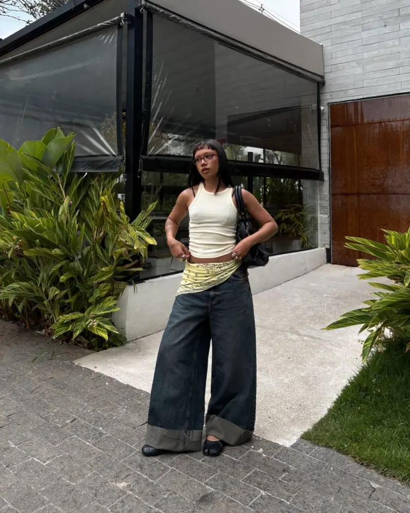 White Tank Top + Dark Wide-Leg Cuffed Jeans + Ballet Flats