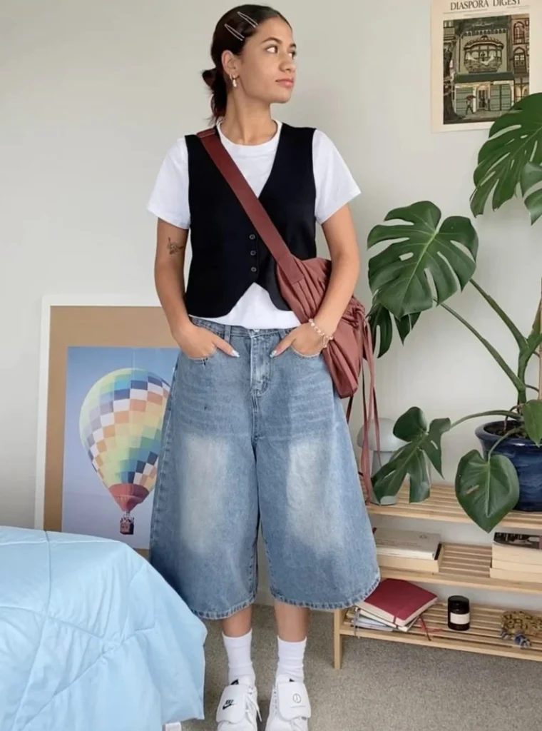 White Tee + Black Vest + Denim Culottes
