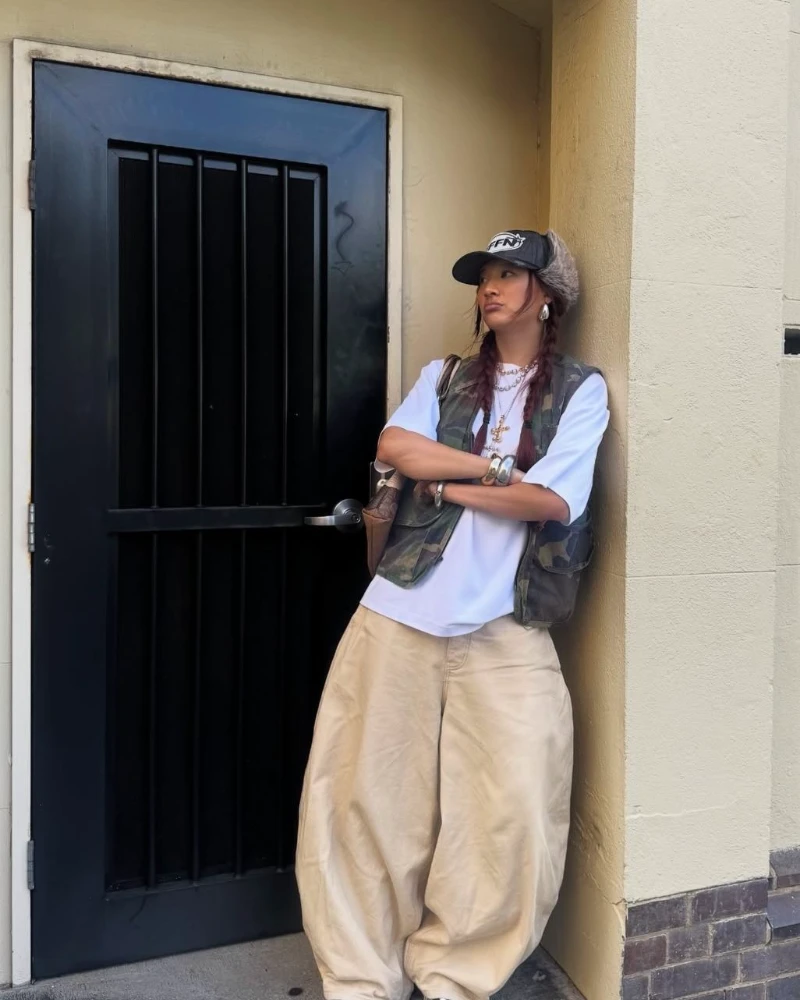 White Tee + Camo Vest + Balloon Khaki Pants Look