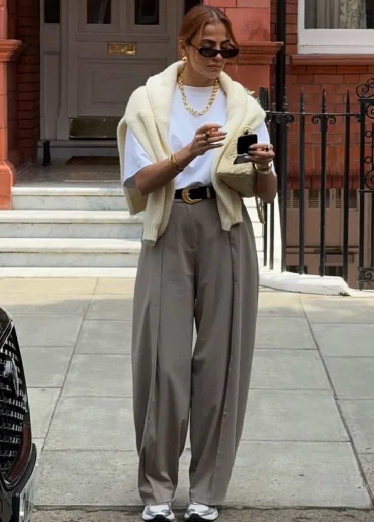 White Tee + Cream Cardigan + Taupe Wide-Leg Trousers