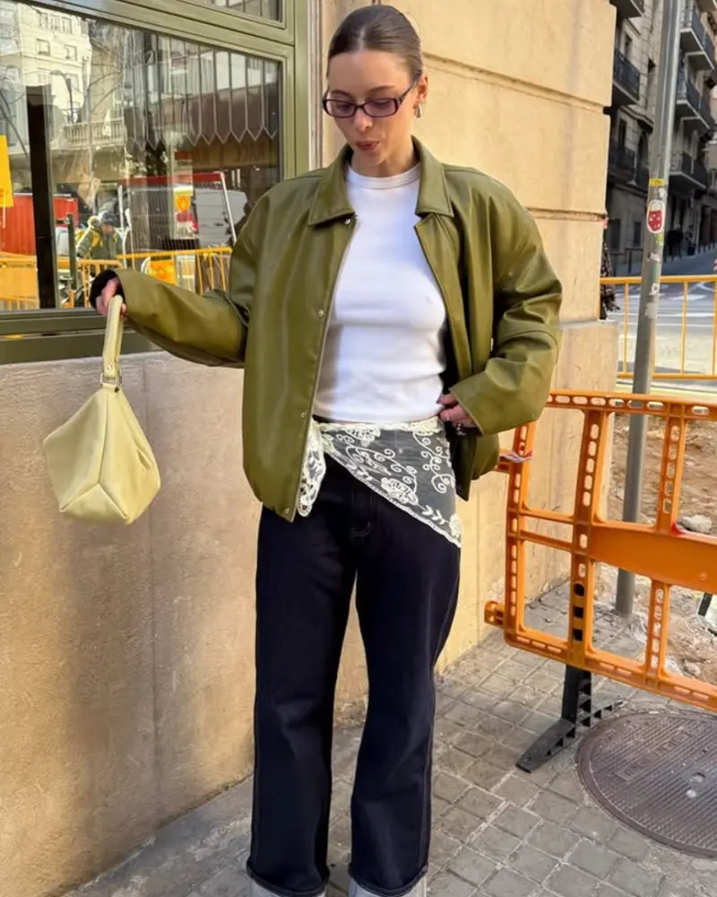 White Tee + Dark Wide Jeans + Olive Leather Jacket + Bandana Belt