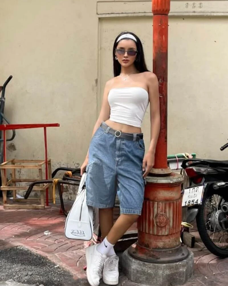 White Tube Top + Wide Denim Shorts + White Sneakers