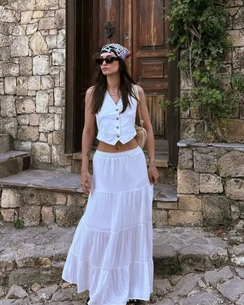 White Vest Top + White Maxi Skirt + Headscarf
