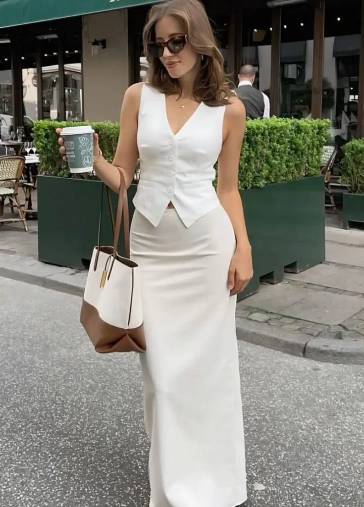 White Vest + White Satin Maxi Skirt
