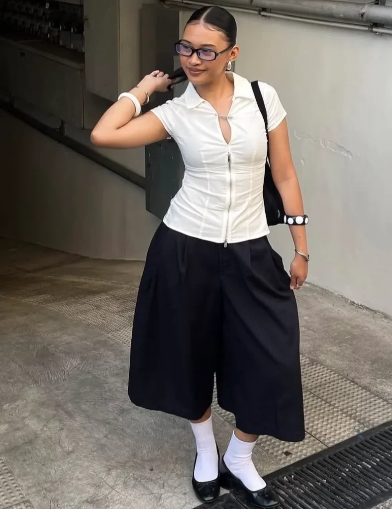 White Zip-Up Polo Top + Black Wide Shorts