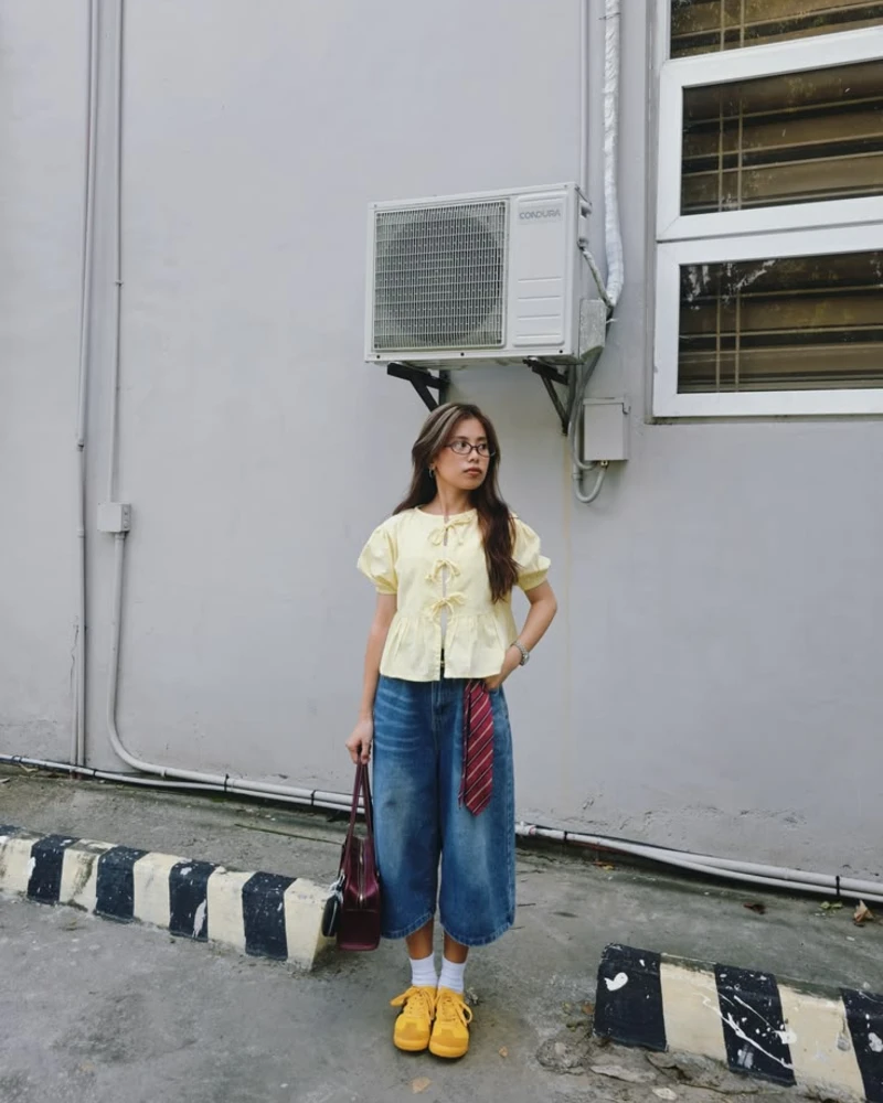Yellow Bow Top + Wide-Leg Denim Culottes + Yellow Sneakers