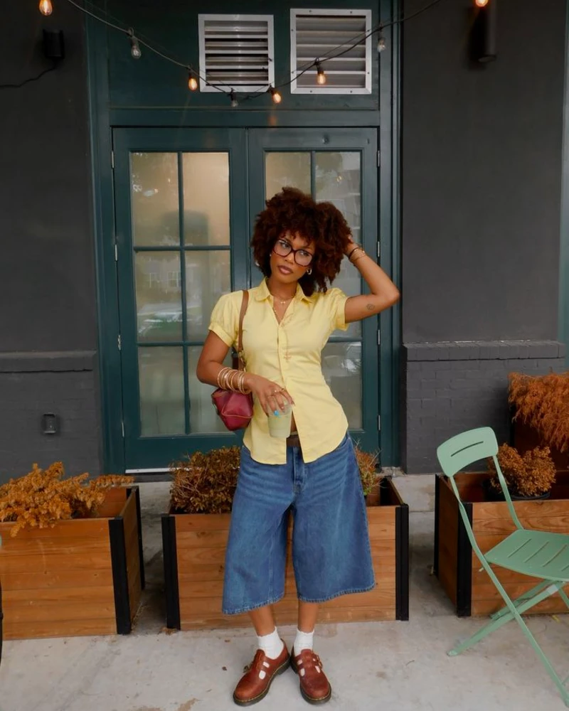 Yellow Button-Down Shirt + Wide Denim Culottes