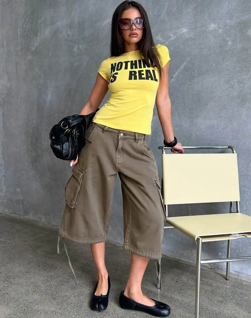  Yellow Graphic Baby Tee + Khaki Cargo Culottes + Ballet Flats
