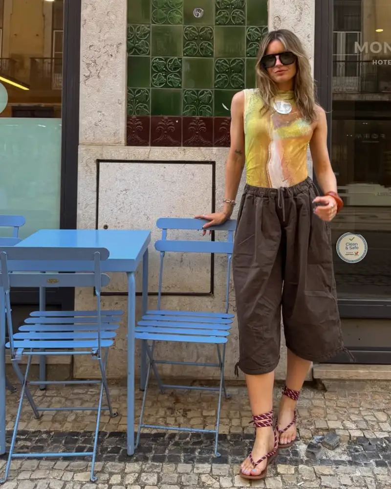  Yellow-Green Sheer Top + Dark Chocolate Cargo Culottes + Wrap Sandals