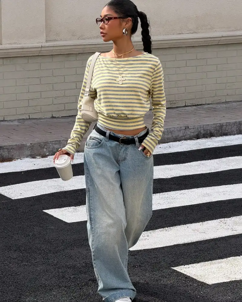 Yellow Grey Stripe Long Sleeve Top + Baggy Jeans
