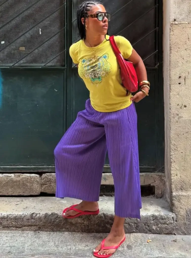 Yellow Kenzo Graphic Tee + Purple Pleated Culottes