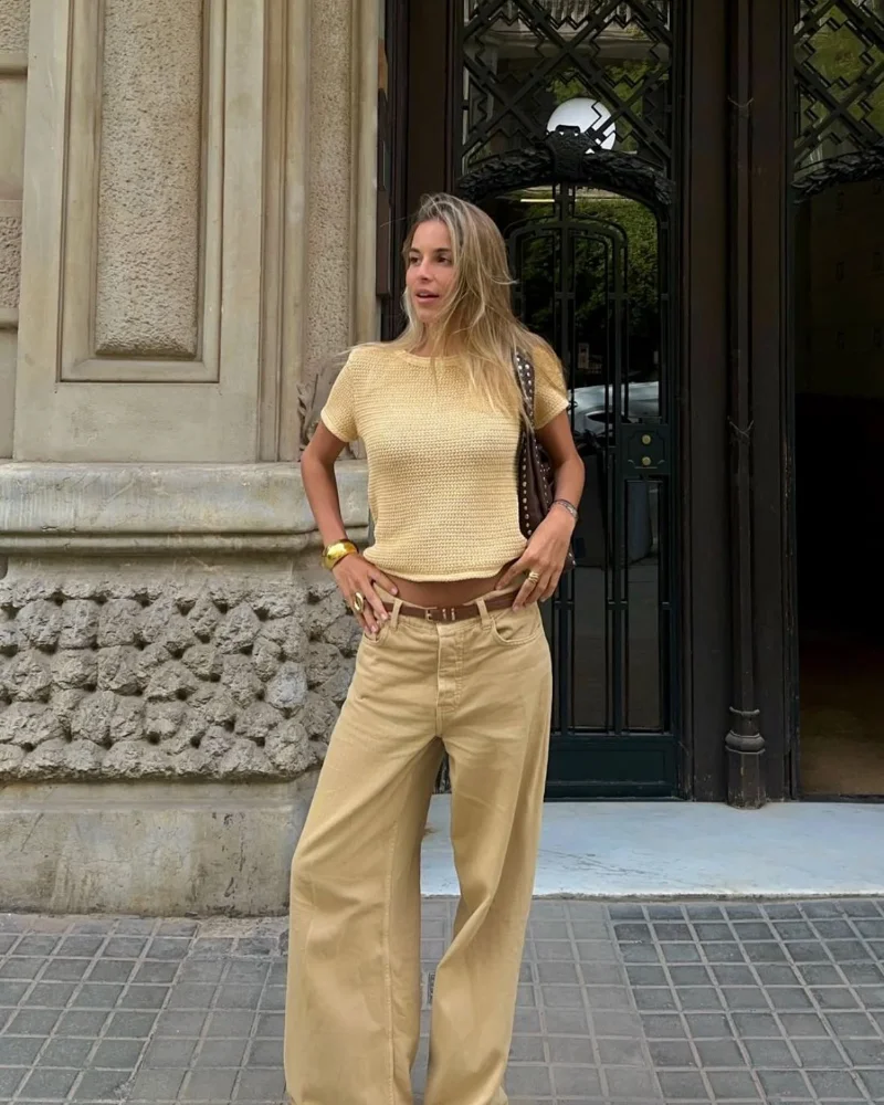 Yellow Knit Crop Top + Camel Wide-Leg Jeans