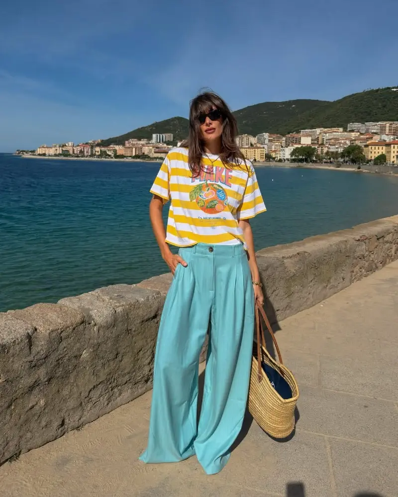 Yellow Stripe Graphic Tee + Aqua Wide-Leg Trousers