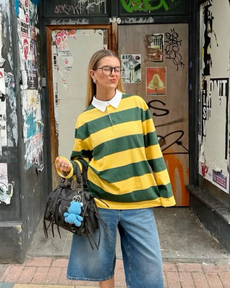 Yellow Striped Rugby Polo + Denim Bermuda Shorts 