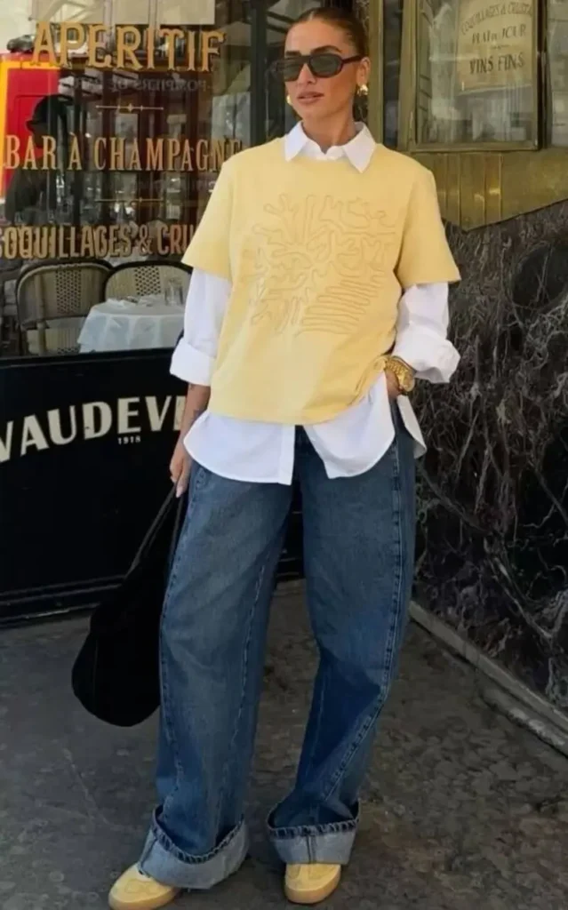 Yellow Sweatshirt Layered Over a White Button-Down