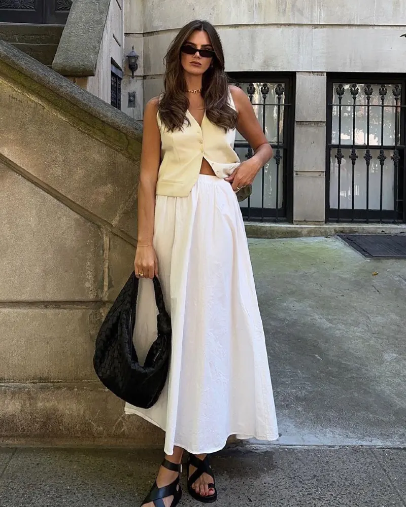 Yellow Vest Top + White Flowy Maxi Skirt + Black Sandals