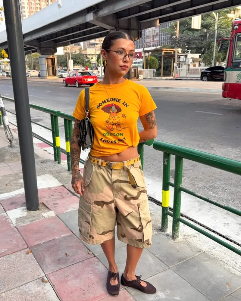 Yellow Vintage Graphic Crop Tee and Tan Camo Wide-Leg Cargo Shorts with Ballet Flats