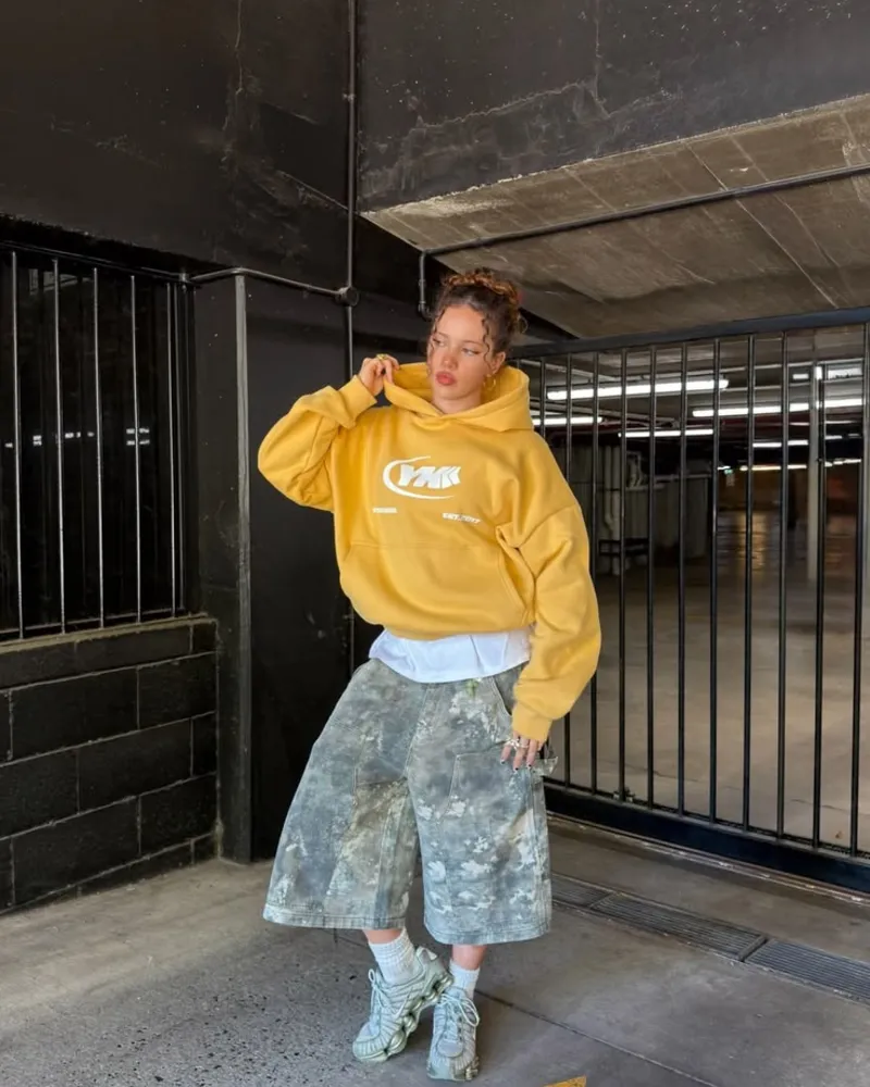 Yellow YMK Hoodie + Washed Floral Denim Shorts + Sage Shox Sneakers
