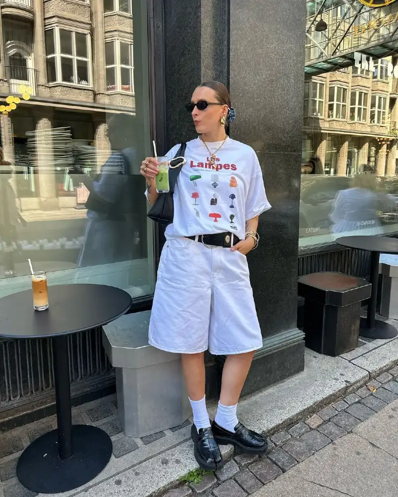 All-White Tee & Belted Denim Shorts