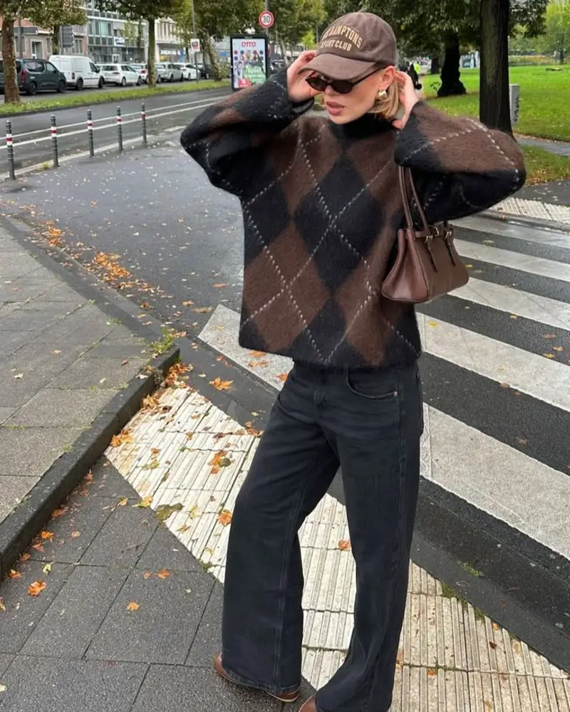 Argyle Knit and Wide Black Denim