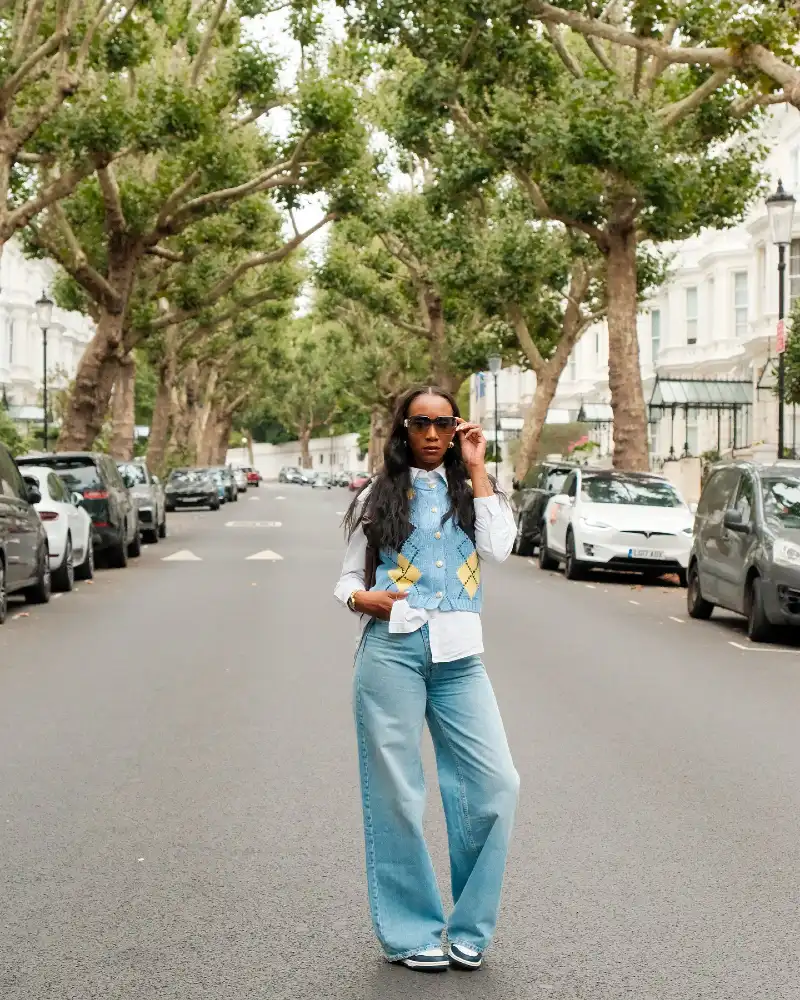 Argyle Vest & Wide-Leg Denim