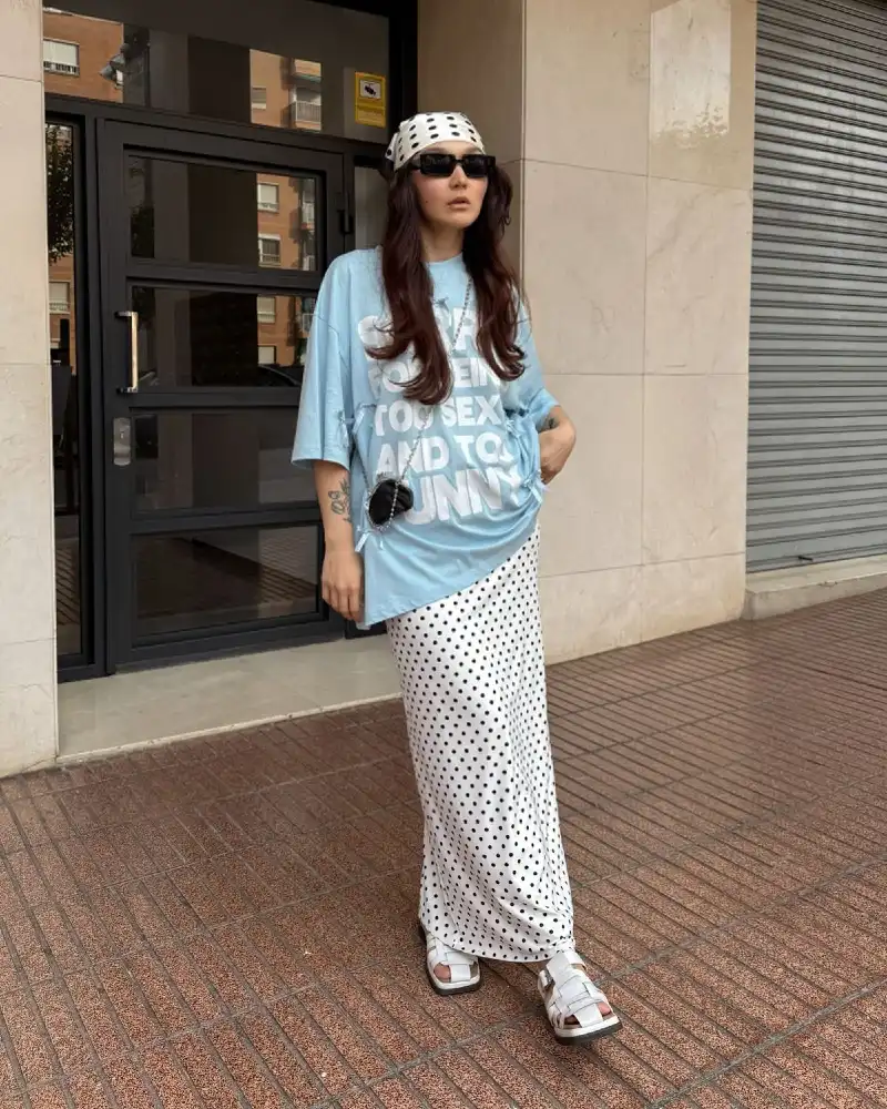 Baby Blue Graphic Tee with a Polka Dot Twist