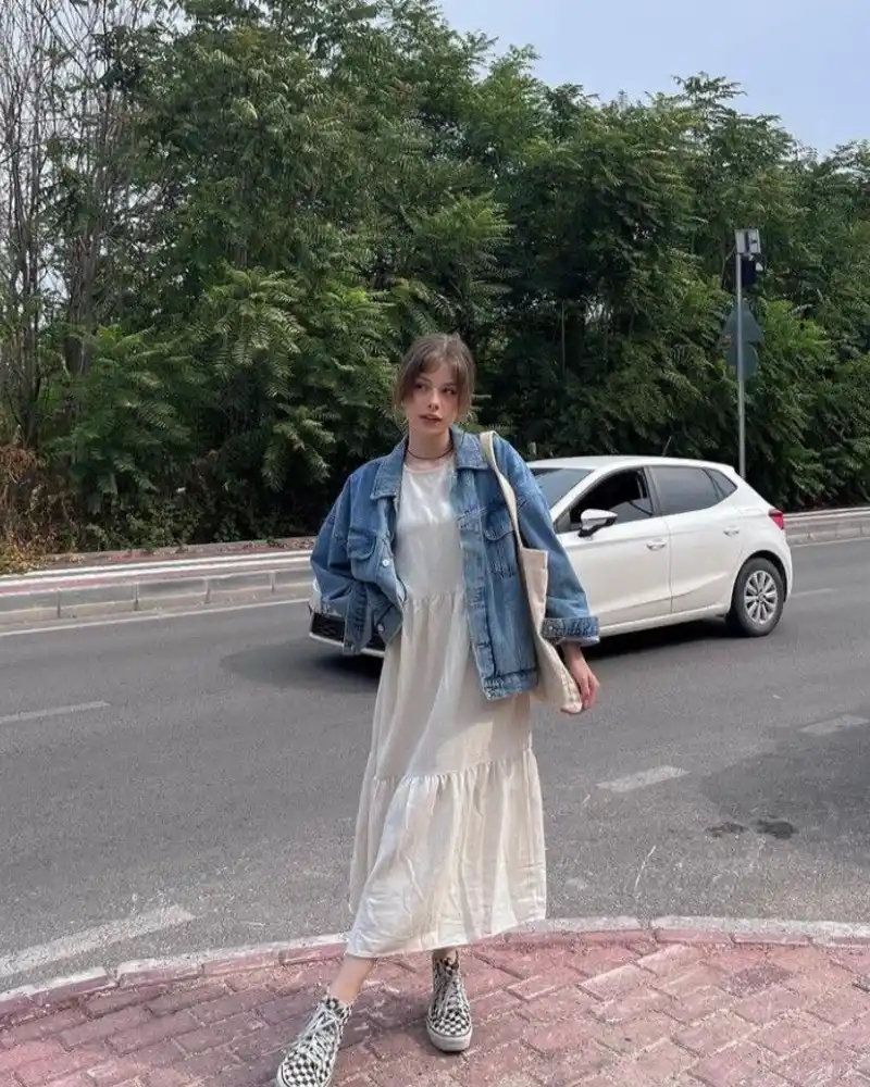 Beige Dress & Denim Jacket