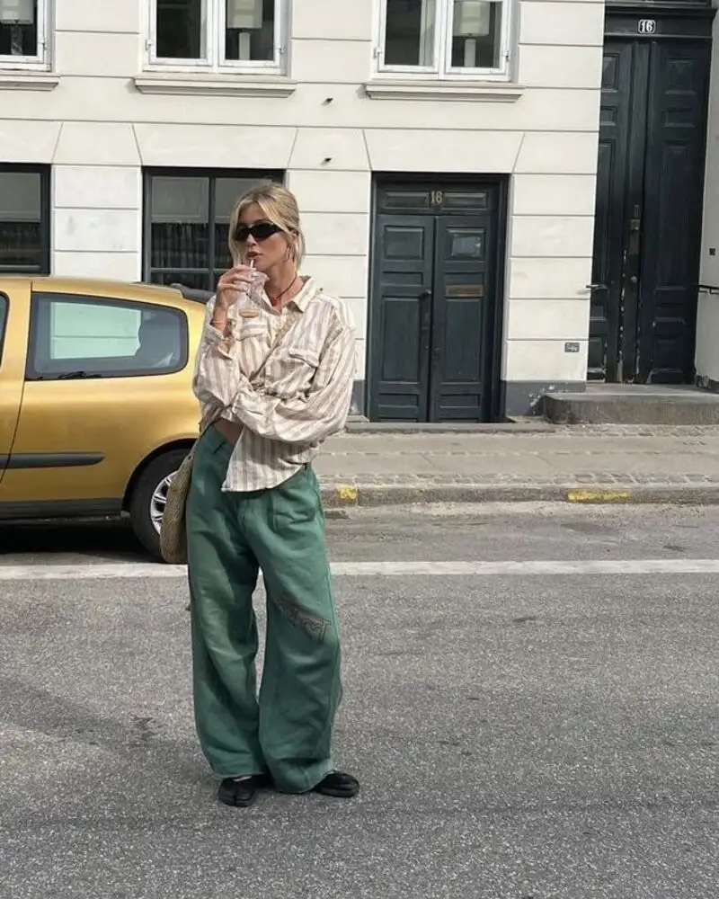 Beige Striped Shirt with Olive Green Trousers