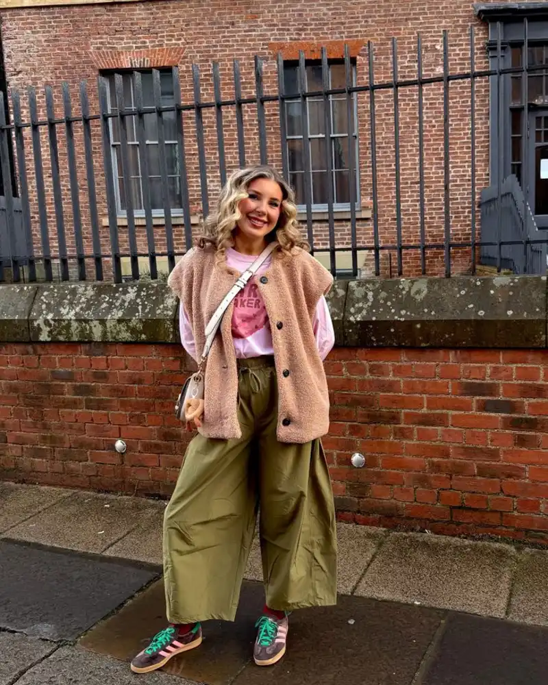 Beige Teddy Vest + Pink Graphic Tee + Olive Trousers