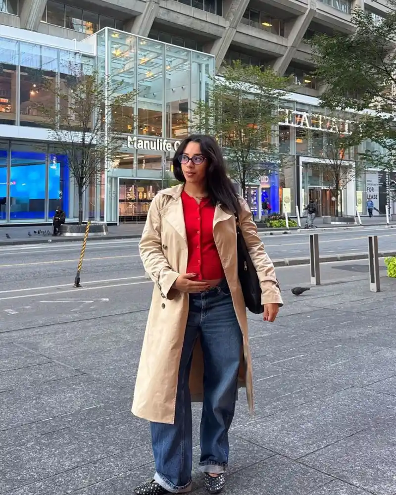 Beige Trench Over Red Cardigan