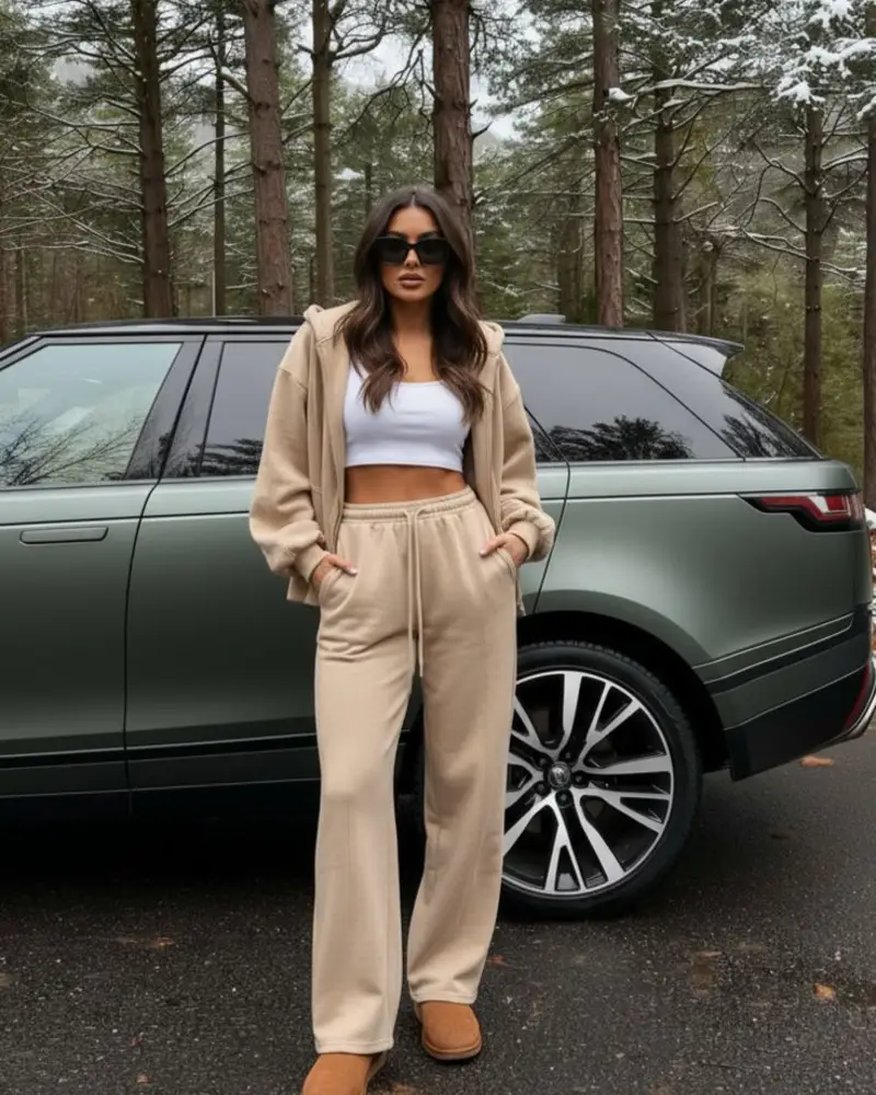 Beige Zip Hoodie With Matching Wide-Leg Sweatpants