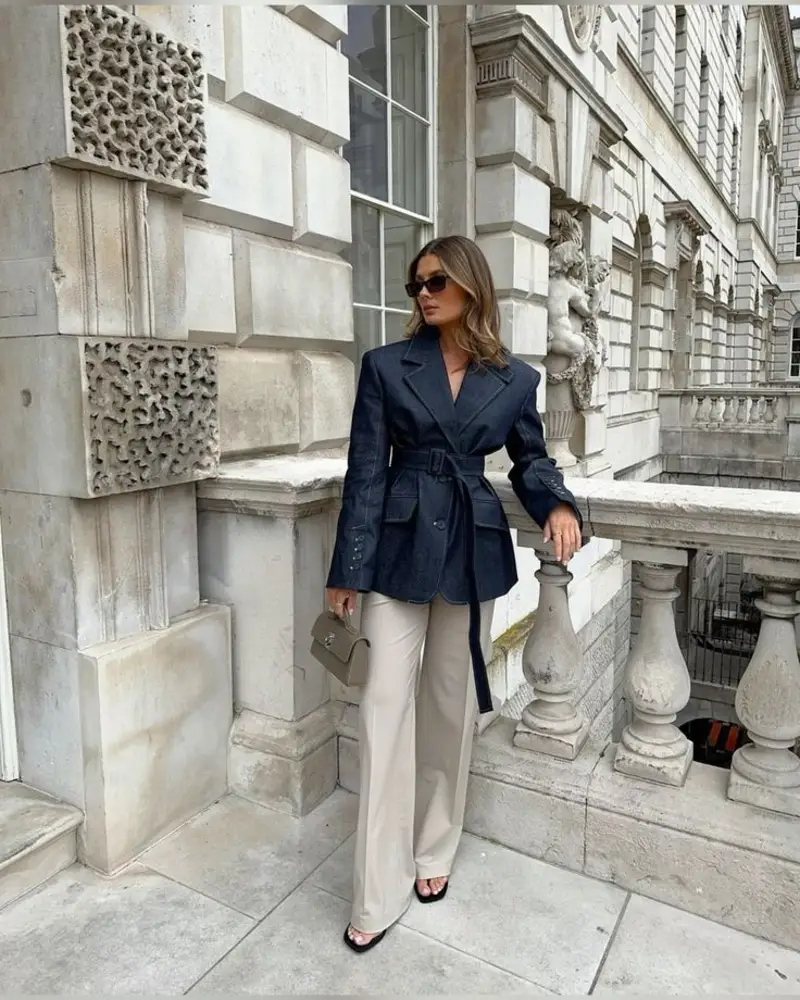 Belted Denim Blazer & Beige Trousers
