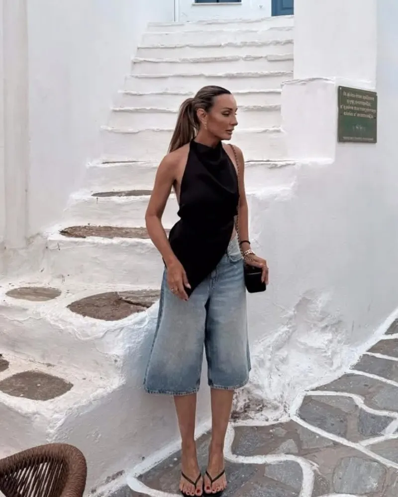 Black Asymmetric Halter & Denim Culottes