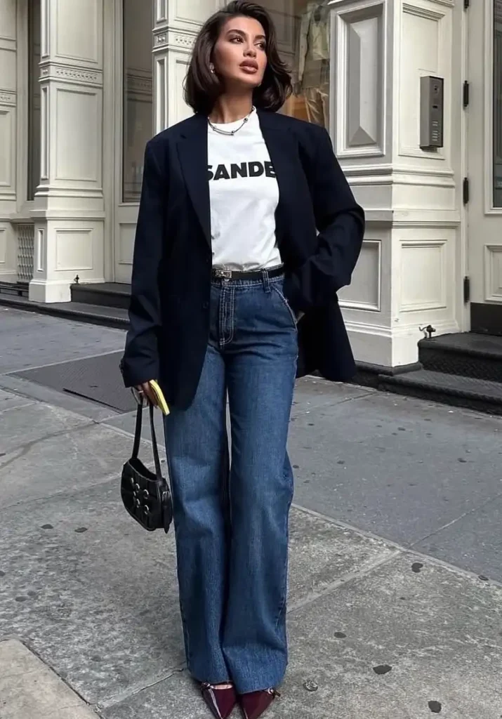 Black Blazer, Graphic Tee & Wide-Leg Jeans
