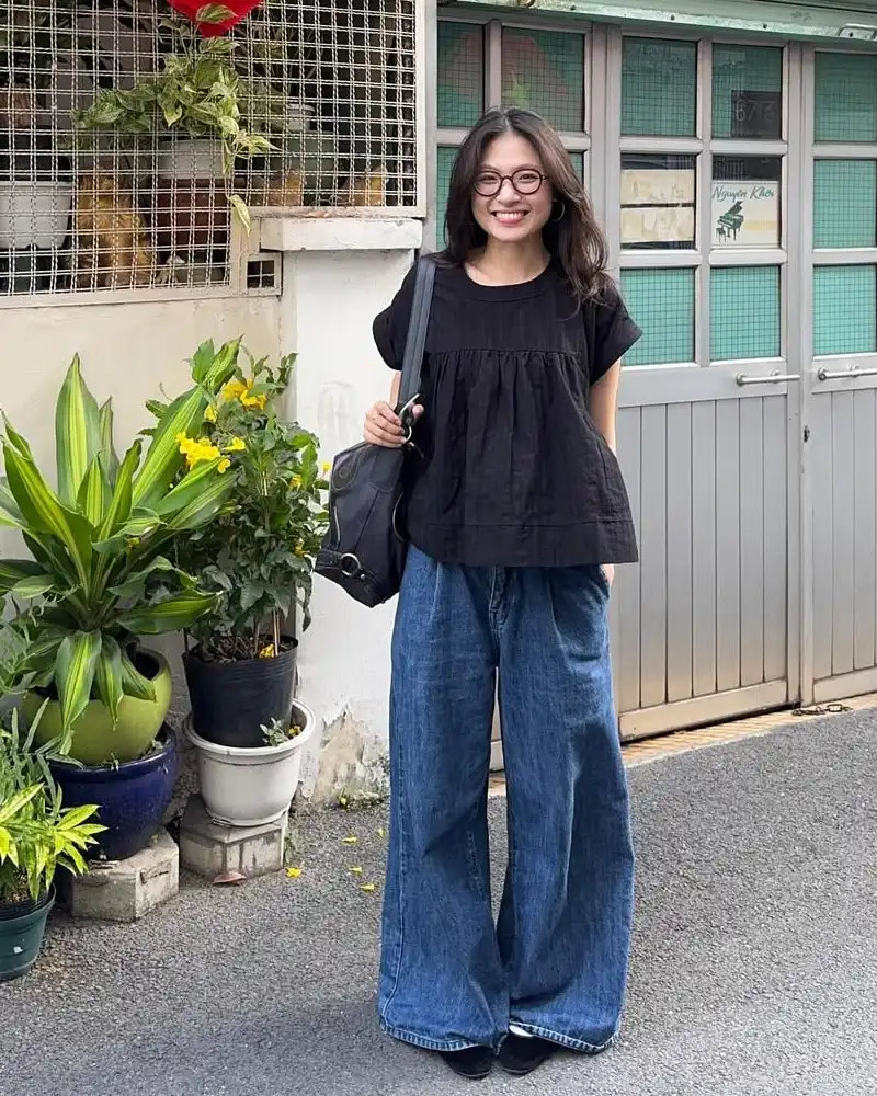 Black Blouse & Wide Denim