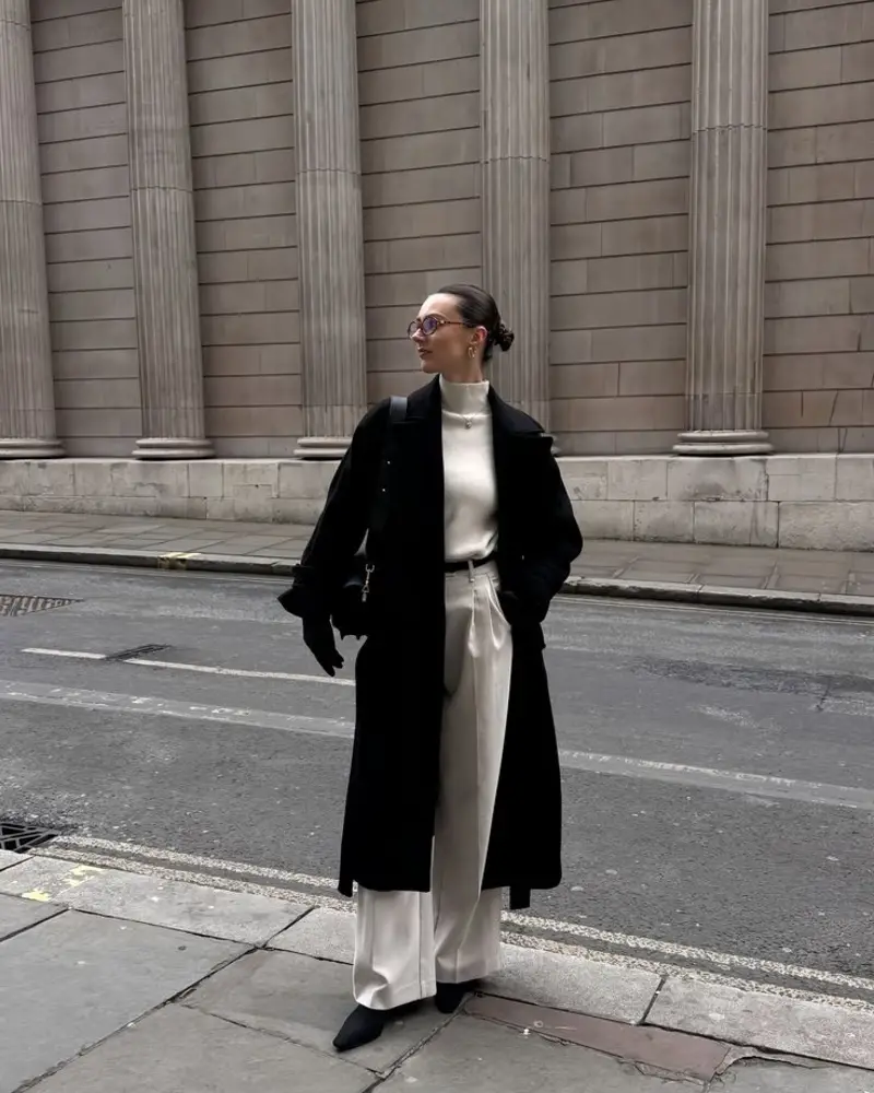 Black Coat & Cream Trousers